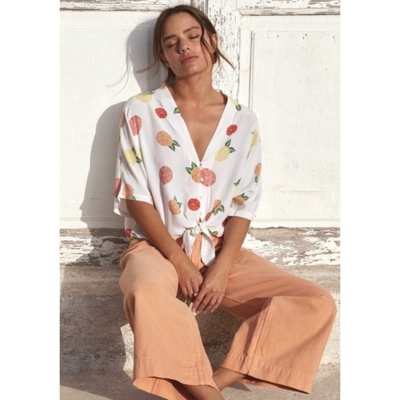 NWT!! RAILS Thea Citrus Print Silk Tie Front Top Blouse Button Down X-Small - Picture 1 of 16